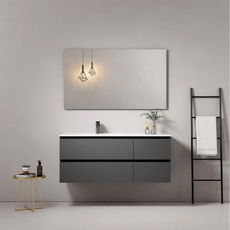 Suspended bathroom cabinet 140 cm Paint London Gray with left-hand sink in  resin and rectangular mirror Fiji - Meda